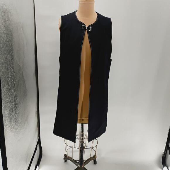 ZARA LONG dark blue vest open clasp contrast stitch long lined vest open front - Picture 2 of 12